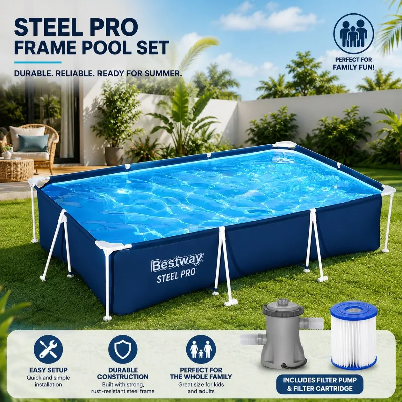 Piscina rectangular elevada Bestway Steel Pro de 9.8 pies x 6.6 pies x 26 pulgadas con estructura metálica, bomba de filtro y cartucho tipo I
