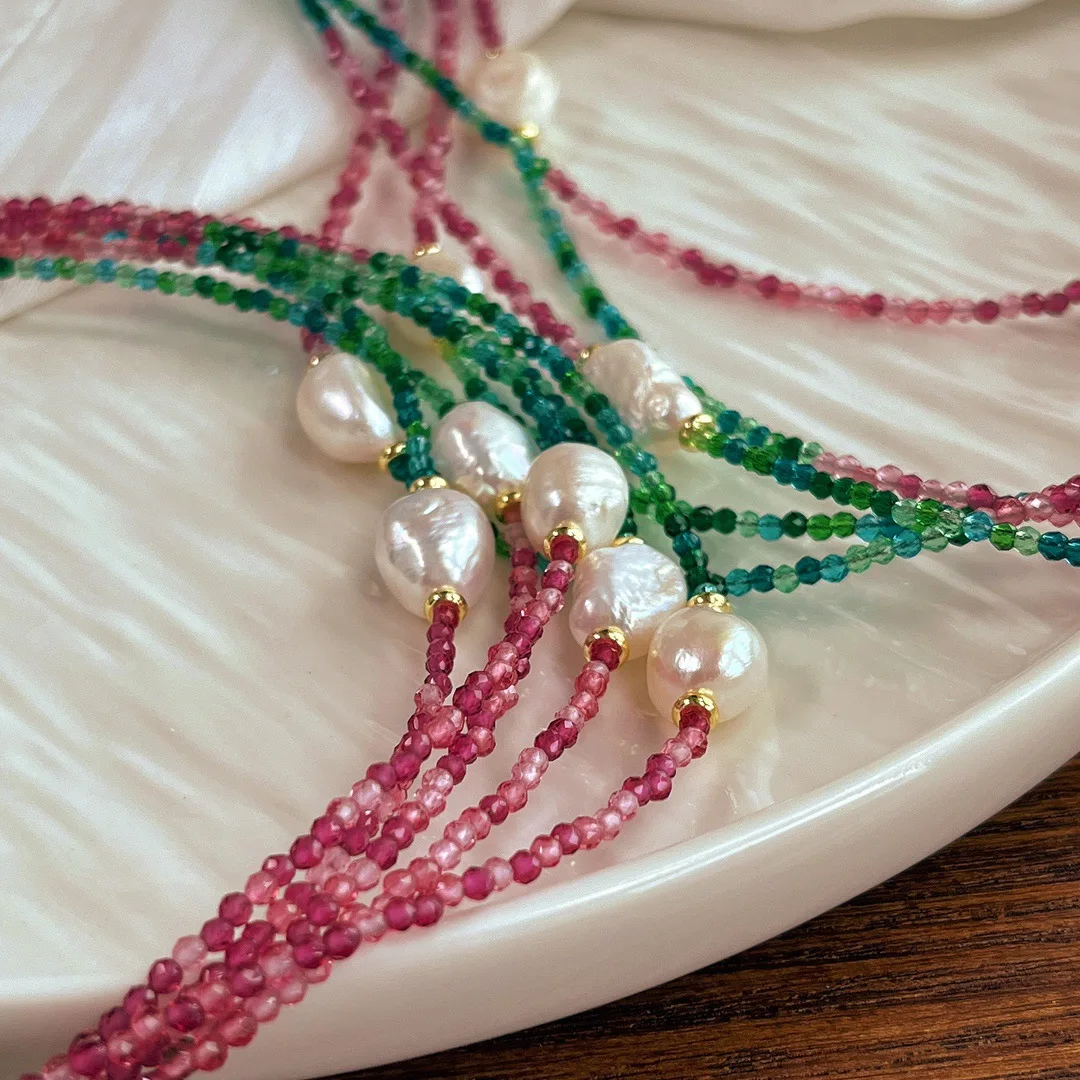 Hengsheng Artificial Red and Green Crystal Baroque 100% Freshwater Pearl Adjustable Necklaces for Women Collar Necklaces Jewelry