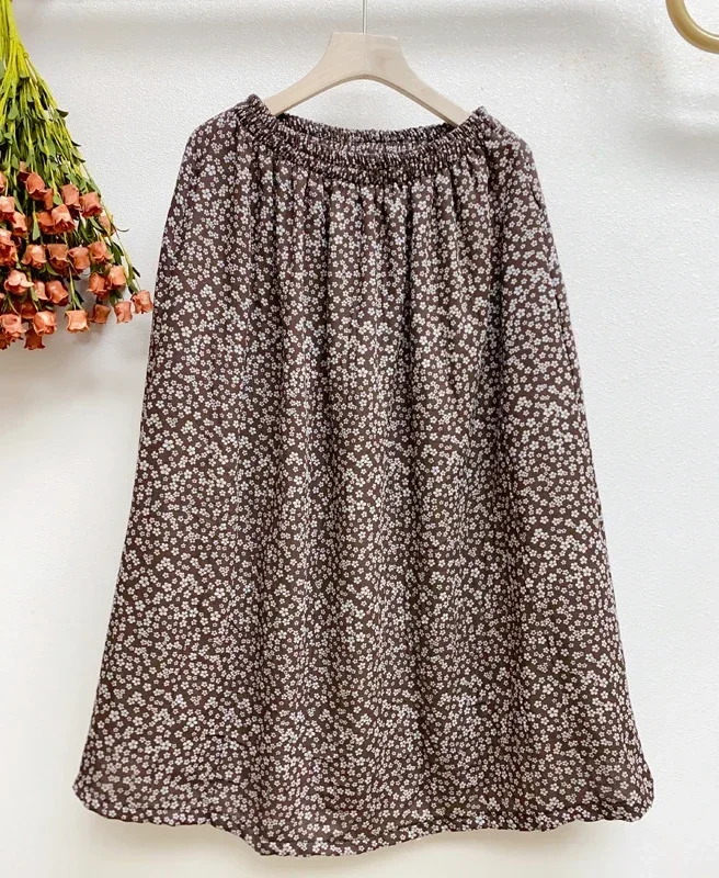 Vintage Mori Girl Fall Cotton Linen A Line Long Skirt Elegant Aesthetic Cottage Core Gypsy Hippie Boho Chic Ibiza Brown Skirt