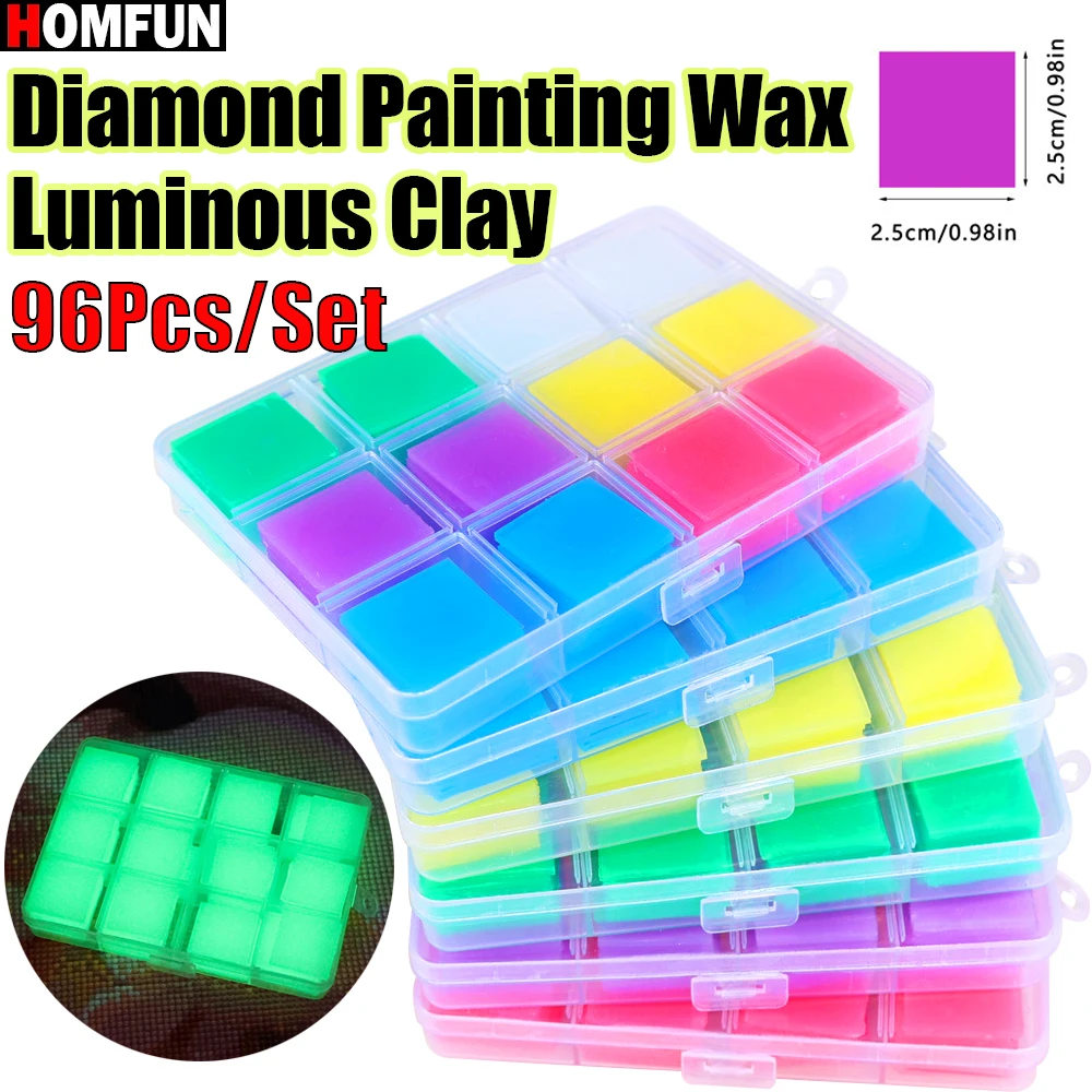 HOMFUN 96pcs Glow-in-the-Dark Diamond Painting Wax Set with Storage Box， Multicolor Luminous Clay for DIY Embroidery Accessories