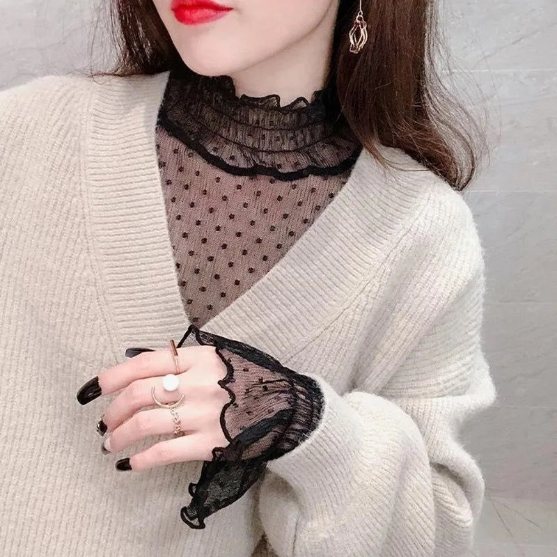 

Женская сетчатая блузка с высоким воротником, летние тонкие прозрачные тонкие кружевные топы с длинными расклешенными рукавами