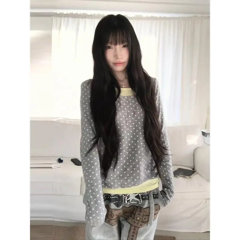 Deeptown Polka Dot Gray T-shirts Women Korean Style Sweet False Two-piece Tops Yellow Patchwork Casual Y2k Long Sleeve T-shirts view 6