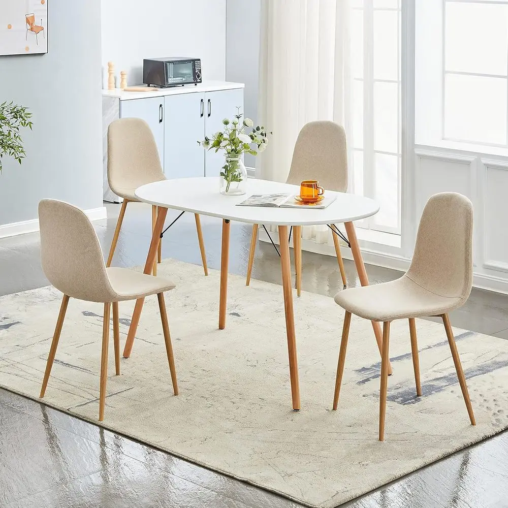

Nordic-Style 5-Piece Oval Dining Set: White Table & 4 Beige Fabric Chairs