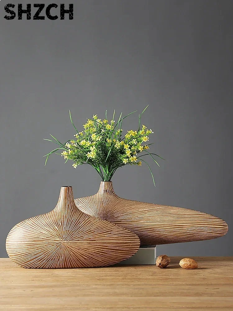 Modern Line Stripe Resin Vase Dried Flower Arrangement Imitation Wood Desktop Decor