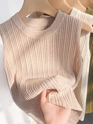 Korea Knitted Vests Women Top O-neck Solid Tank Blusas Y2K 2024 Summer New Fashion Female Sleeveless Casual Thin Tops