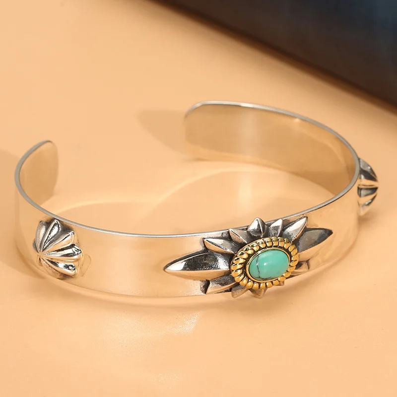 

S925 sterling silver ornament bracelet turquoise inlaid wide men's Korean-style glossy Thai silver opening bracelet