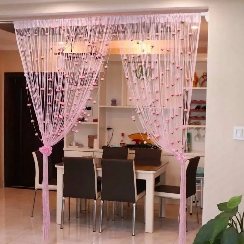 Rose String Curtain Shining Silk Dense Flowers Creative Door Curtains Partition Divider for Porch Doorway Living Room Bedroom