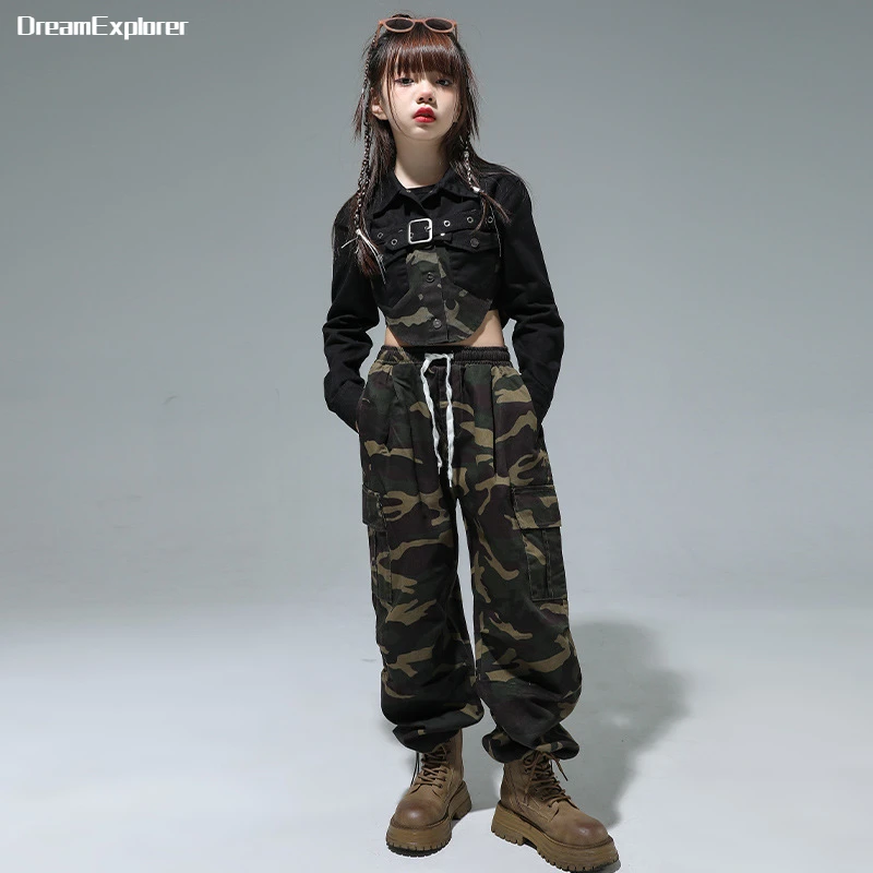 

Girls Crop Top Camouflage Cargo Pant Kids Hip Hop Short Jacket Street Dance Joggers Clothes Sets Child Streetwear Jazz Costumes