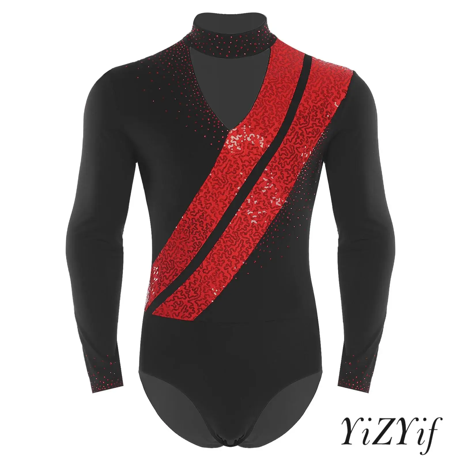 

Professional Figure Skating Bodysuit for Men Glittery Sequin Design with Hollow V Neck And Openable Crotch Ballet Latin Leotard