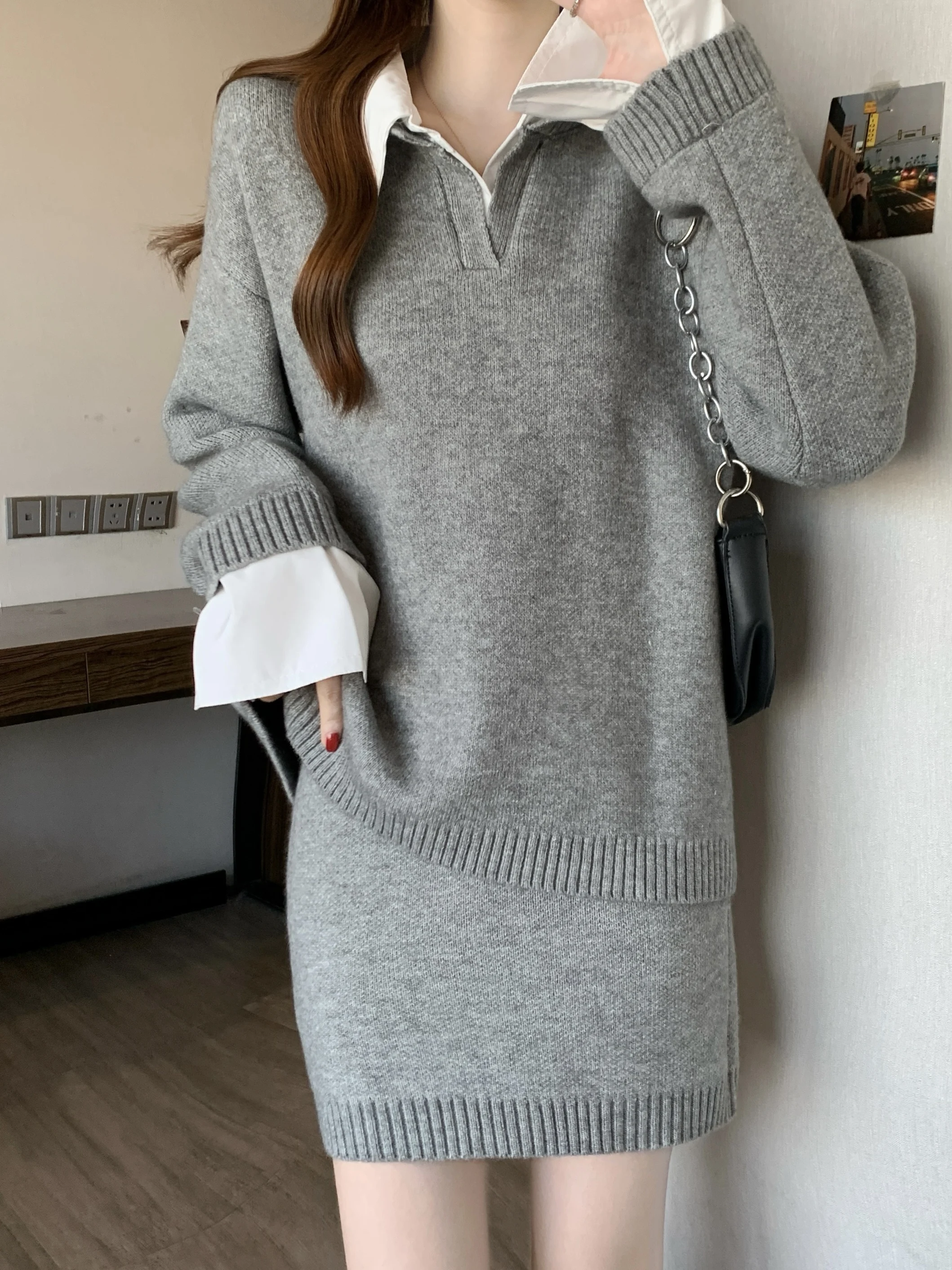 

Комплект из свитера с воротником и юбки для женщин: повседневный весенний образ, стильный комплект с высокой талией