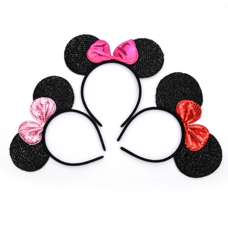 Disney Minnie Ears Black Sequin Pink Headbands Hallowee Birthday Party Ball Dress Up Supplies Favors Kids Mom Hair Accessories