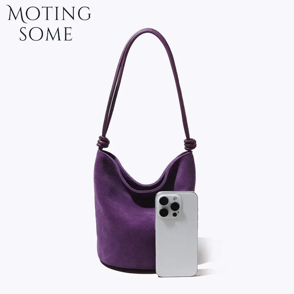 Motingsome Suede Leather Handbag Women Mini Bucket Tote Strings Shoulder Vintage Bags Winter Daily Commuting Purses 2024 New