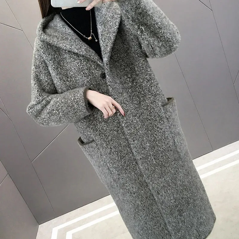 

New Women Korean Imitation Mink Velvet Coat Long Short Woolen Coats Winter Warm Hooded Parker Overcoat Female Casual Trench Coat