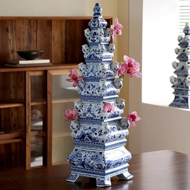 Creative Chinese Floor-standing Vase Blue And White Pagoda Porcelain Ornament Detachable Oriental Classical Traditional Craft Ho