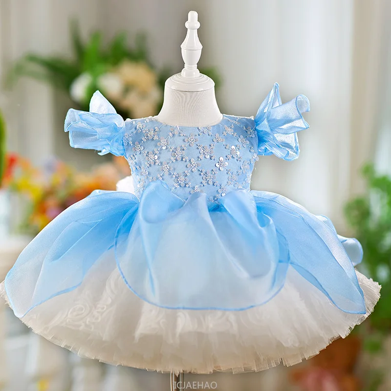 

Party Dress Blue Sweet Girls Tulle Princess Dresses Kids Flower Girl Wedding Gown Children Birthday Formal Evening Wear Vestido