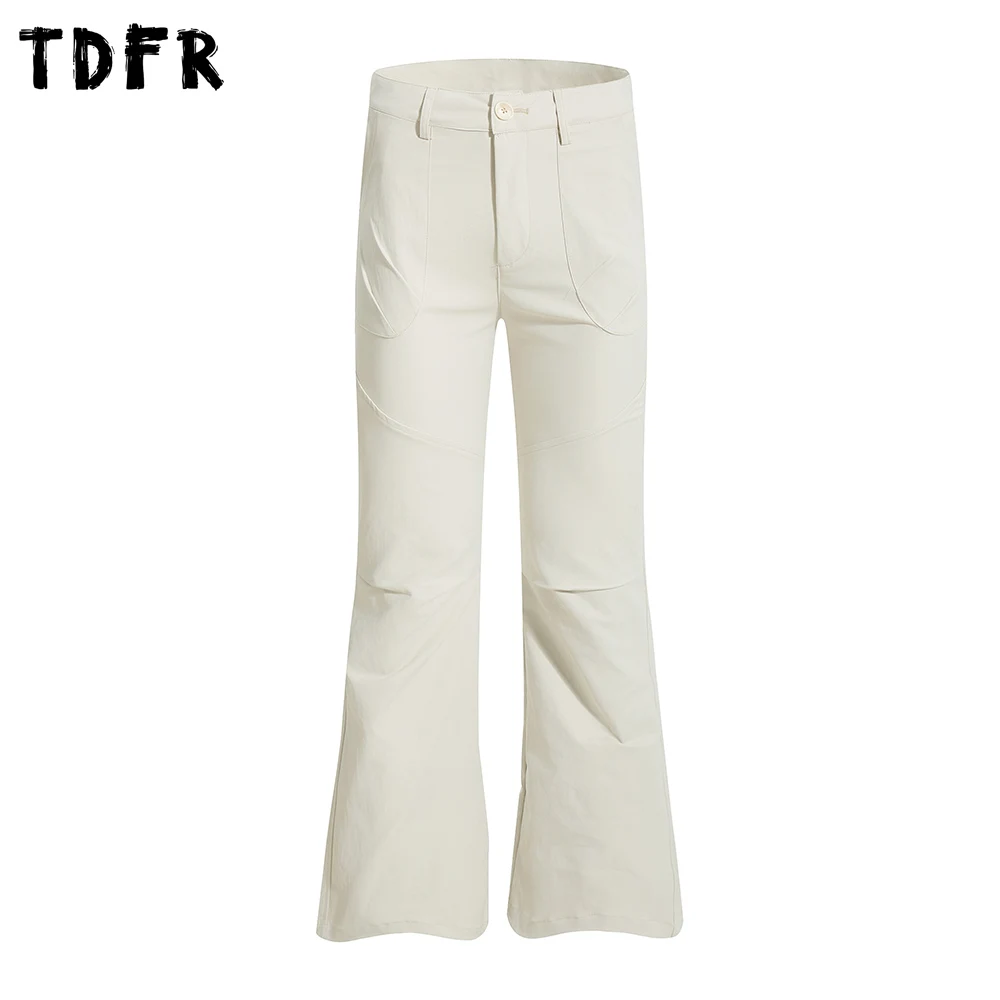 

Pocket Spliced Flare Pants Mens Solid Color Retro Streetwear Casual Baggy Trousers Man