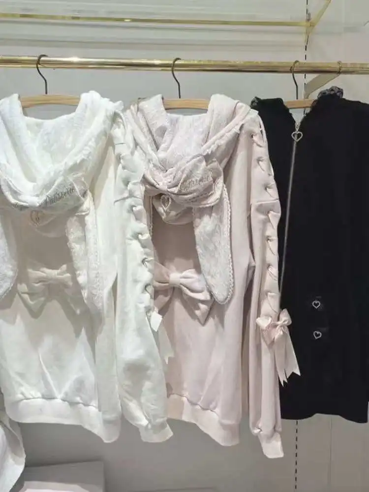 2025 가을 리즈 스윗 귀여운 소녀 토끼 귀 레이스 후드 재킷 레이스업 긴팔 지퍼 루즈 캐주얼 스웨트셔츠 후드티 여성