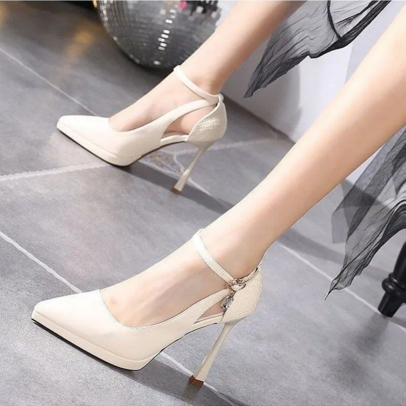 Damen Pumps Schuhe Spitzschuh High Heels Stiletto Knöchelriemen Geschlossene Zehen Hochzeitskleid Sapatos femininos