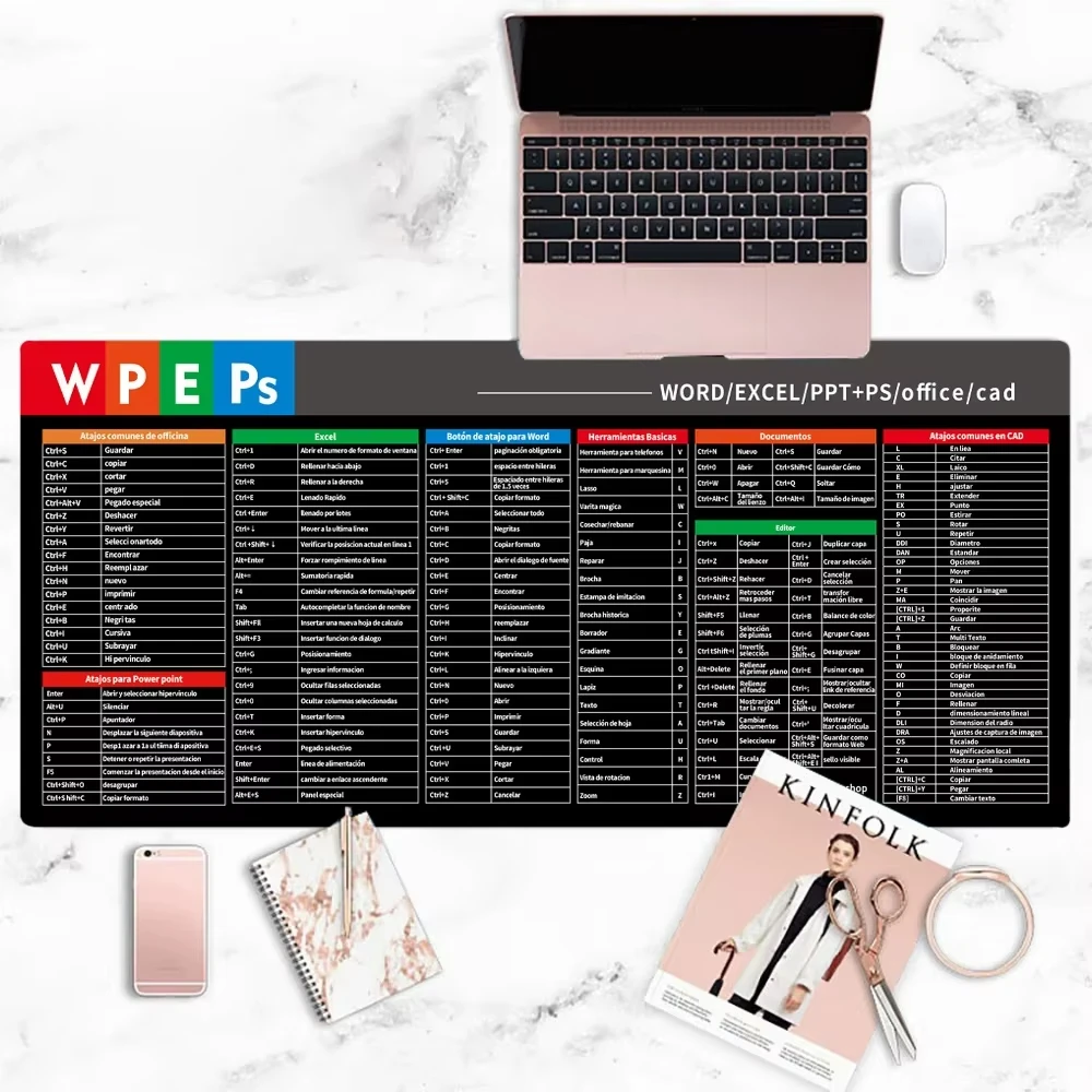 Español Spanish Large Office Shortcut Keys Mouse Pad Desk Mat For Word PPT CAD Photoshop Excel Cheat Sheet Mousepad Office Users