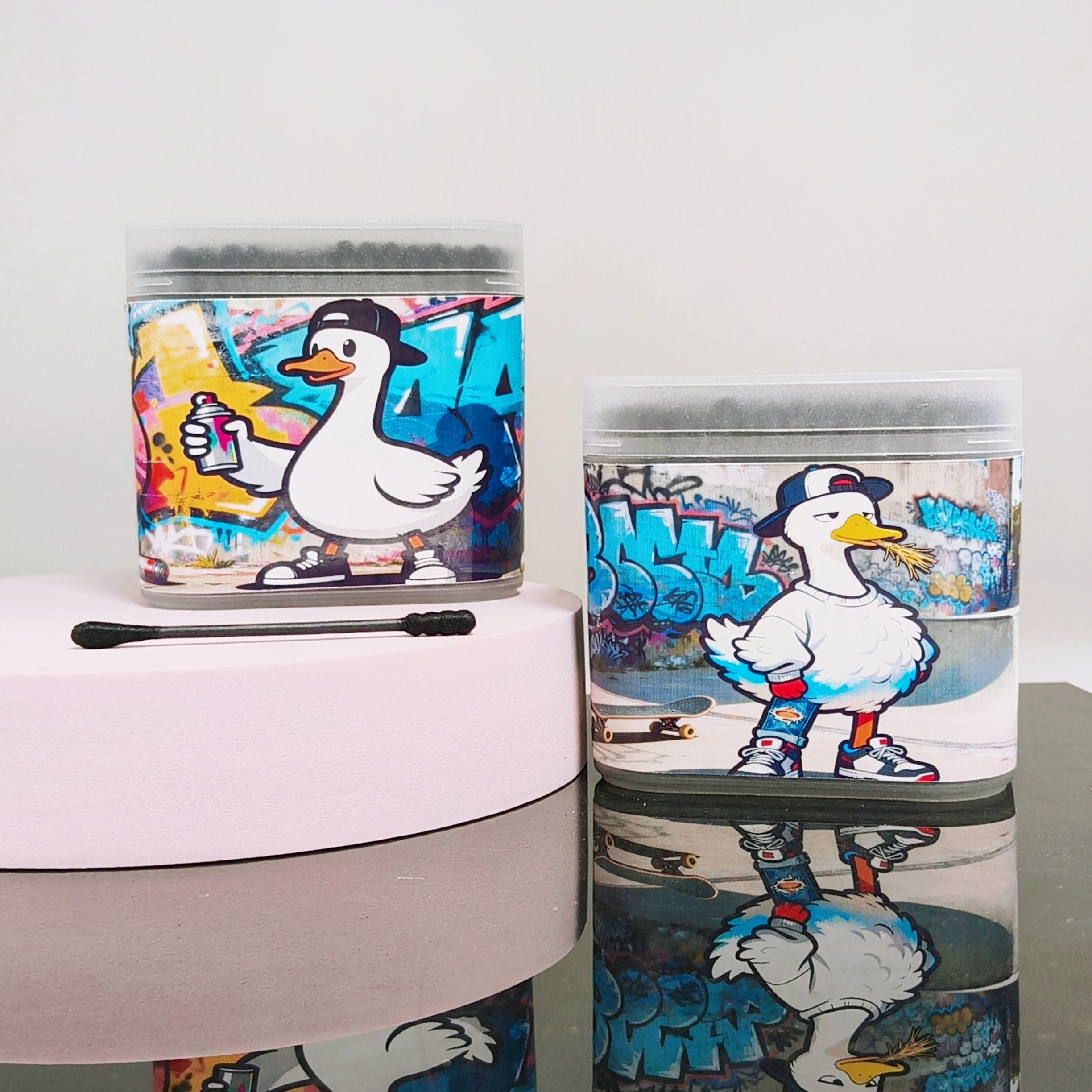 400개(2박스) 그래피티 스타일 거위 무늬 라이프 코튼볼 블랙 박스형 양면 면봉