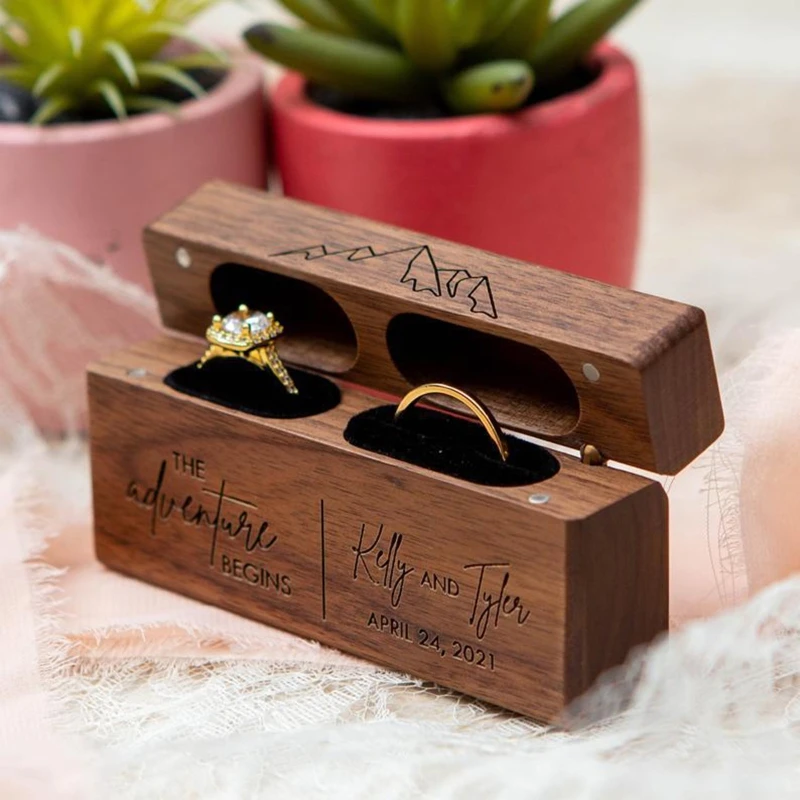 Ring Box for Wedding Ceremony Wooden Double Ring Bearer Holder for Wedding Engagement Jewelry Boxes Walnut Holder