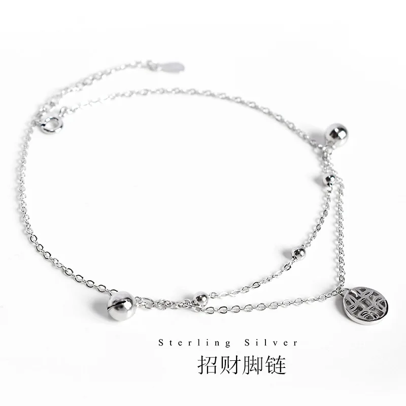 Fashionable s925 silver anklet with ethnic copper coin design, suitable for summer outfits