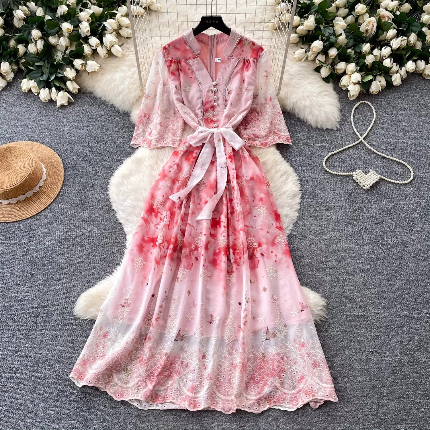 Greenora Vintage Flower Embroidery Hollow Out Lace Long Dress Women's Bead V-Neck Lantern Sleeve Pearls Buttons Lace Up Party Ve