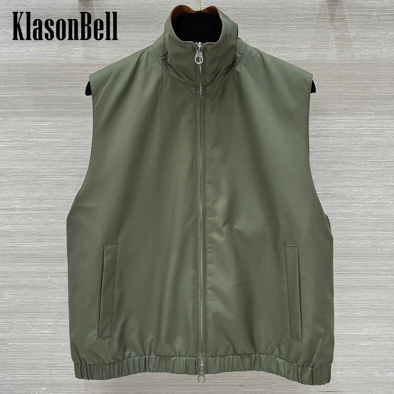 

8.26 KlasonBell Women's Fashion All-matches Stand Collar Vest Wool Knitted Lining Spliced Double Zipper Loose Outerwear