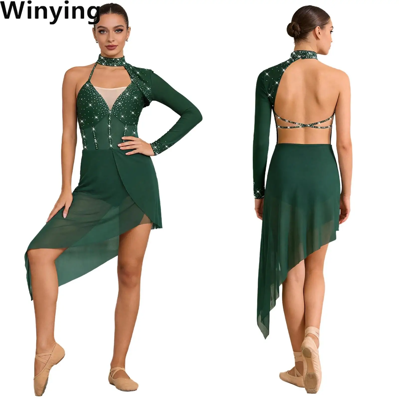 

Women Leotards Mesh Lyrical Figure Skating Ballet Gymnastics Dance Costume Rhinestones Strappy Backless Leotard Bodysuits Dress