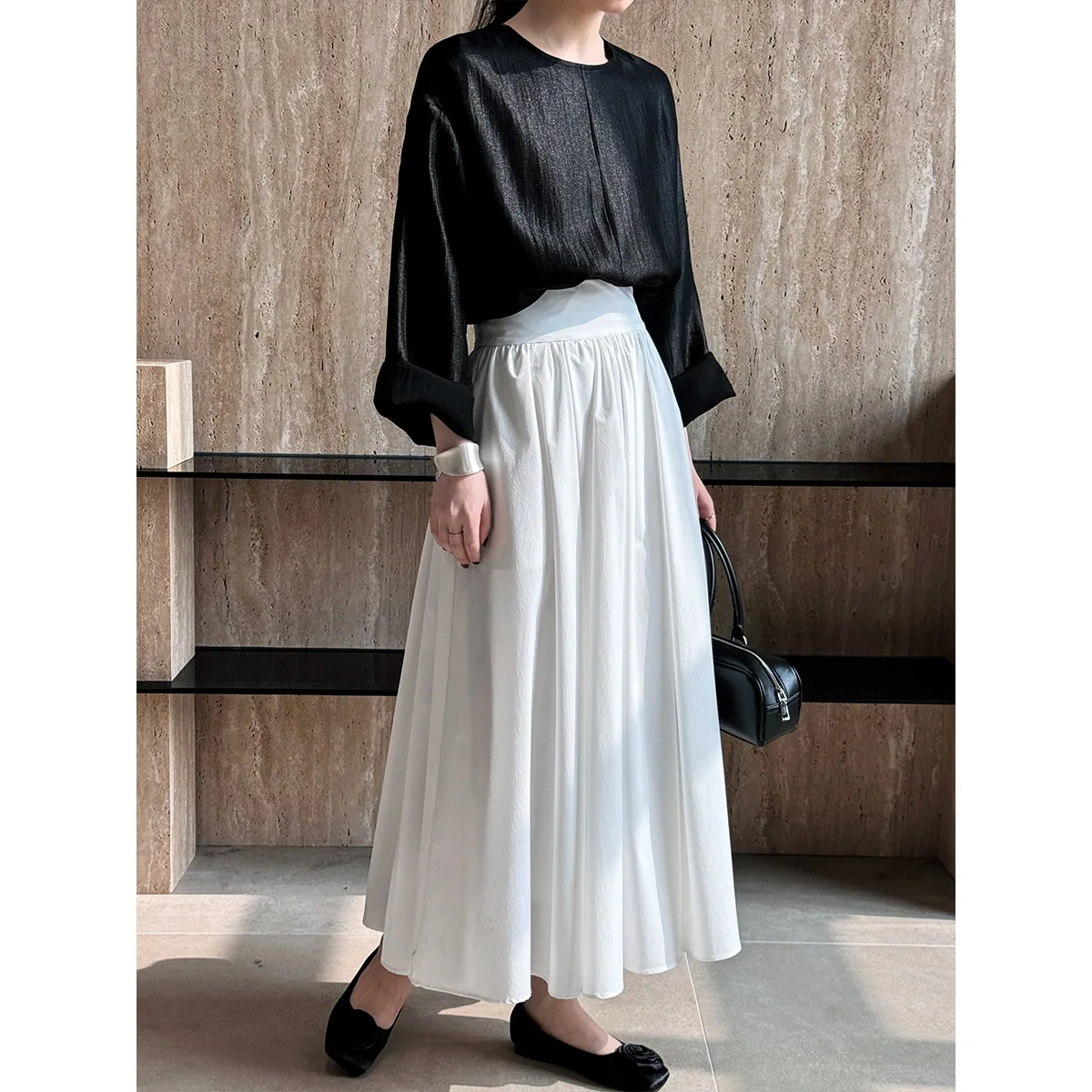 2025 Fall New French High-End Pink Midi Skirt with Large A-Line Pleats Solid Skirt