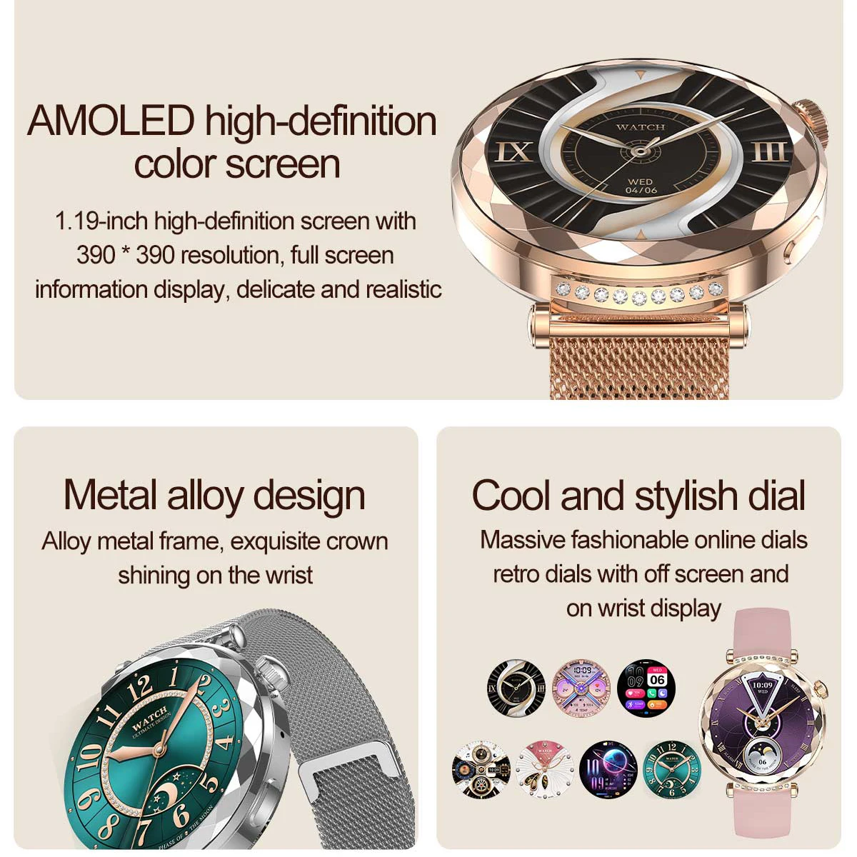 696 New Blue Tooth Call Smart Watches 1.19" AMOLED Screen Women Heart Rate Sports Fitness Lady Waterproof Music Smartwatch NFC