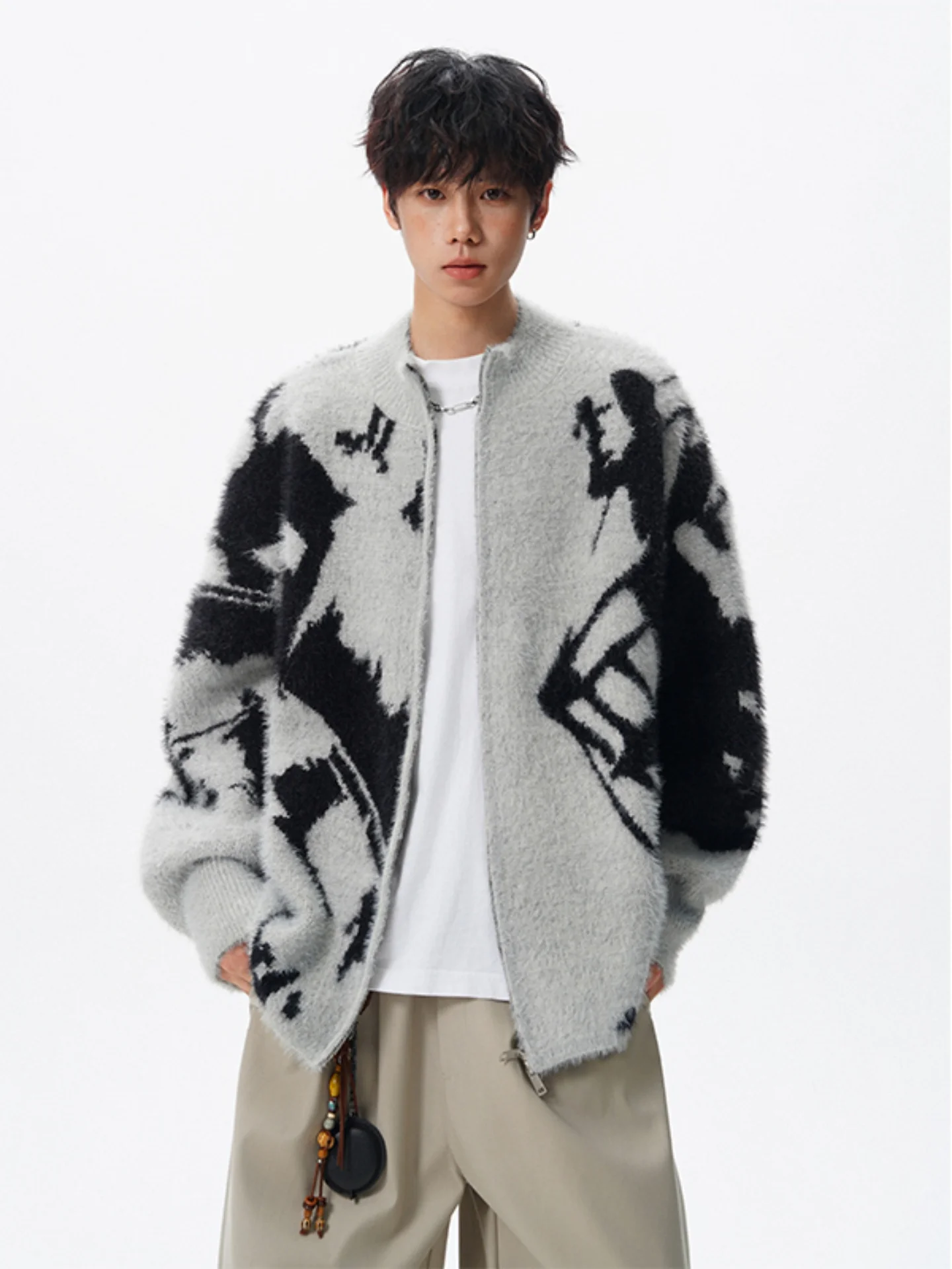 

Мягкий уютный мужской вязаный свитер с эффектом тай-дай, свободного кроя, осенне-зимний, на молнии, винтажный, модный, повседневный.