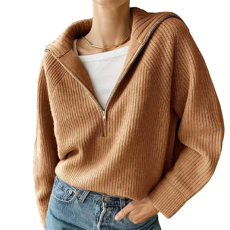 

Pullovers Women Sweaters Knitted Zipper Turn Down Collar Full Sleeve Jumpers Y2k Streetwear Elegant Splice Knit Tops 2025 Autumn