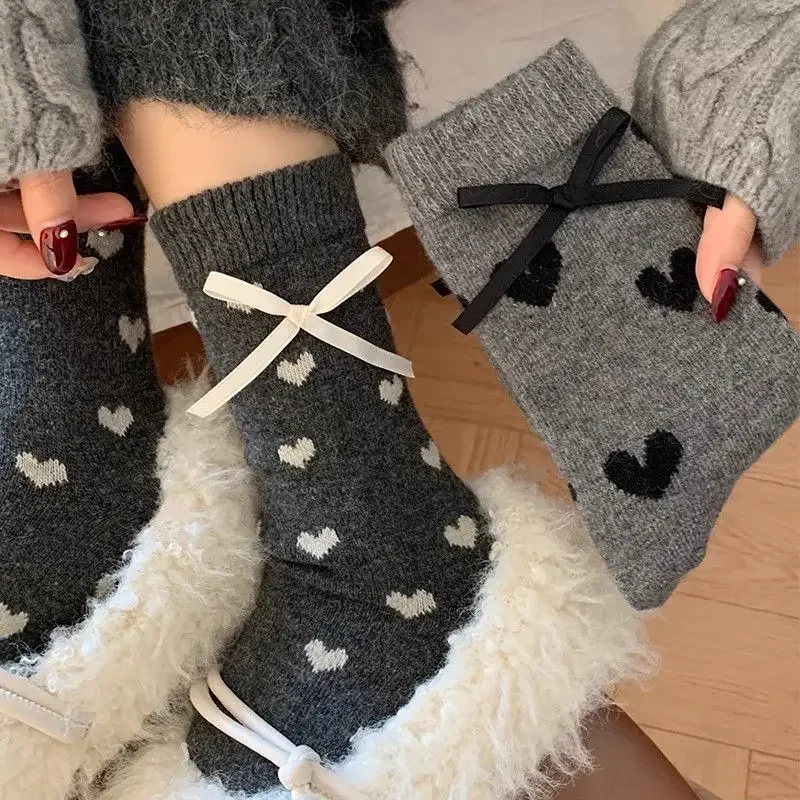 المرأة الجوارب مجموعة الكورية لطيف القلب البولكا نقطة القوس Kawaii الحلو منتصف جوارب أنبوبية الخريف الشتاء سميكة الجوارب الدافئة Calcetines Mujer