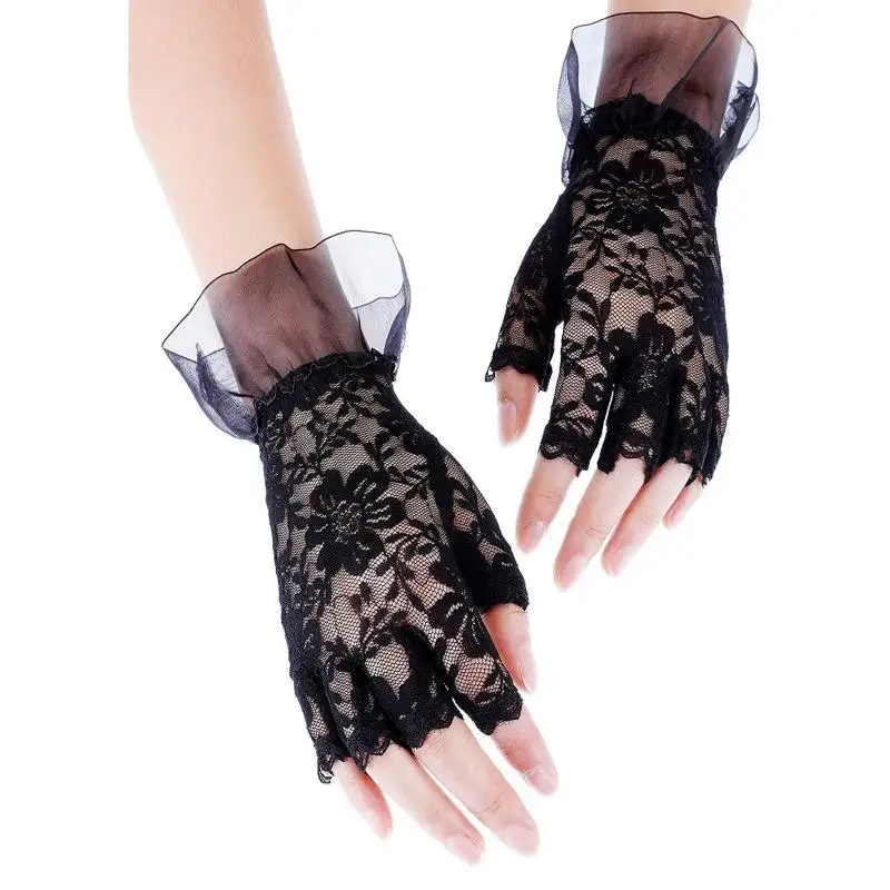 39BD Anti-uv Driving Lace Gloves with Floral Decor Bride Half Finger Elegant Gloves