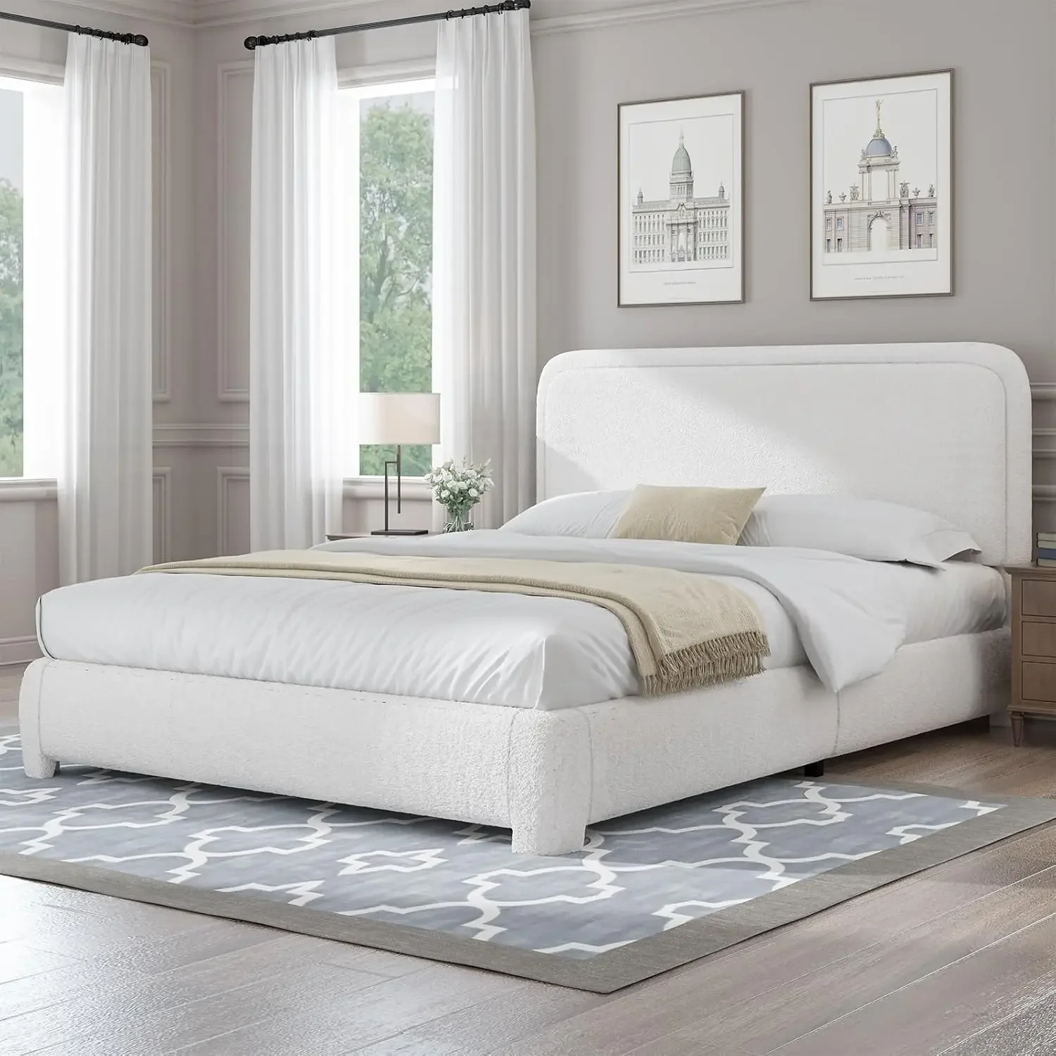 Queen Bed Frame, Boucle Upholstered Platform Bed Frame with Headboard, Modern Style, Soft Rounded Corners, No Box Spring Require