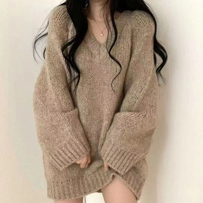 Autumn and winter new retro lazy wind V-neck loose long-sleeved head in the long section knitted sweater female