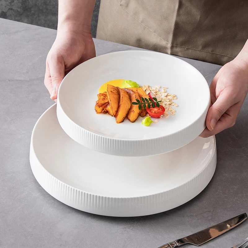 Bevel Volcano Flat Plate Restaurant Beef Steak Western Food Plate Household Large White Ceramic Tableware High-grade Round Dish