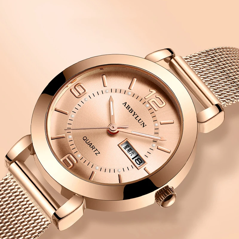 Abbylun-女性用のオリジナルのエレガントなクォーツ時計,スチールストラップ,防水,カレンダー,発光,女性用腕時計,ファッショナブルなデザイン,602