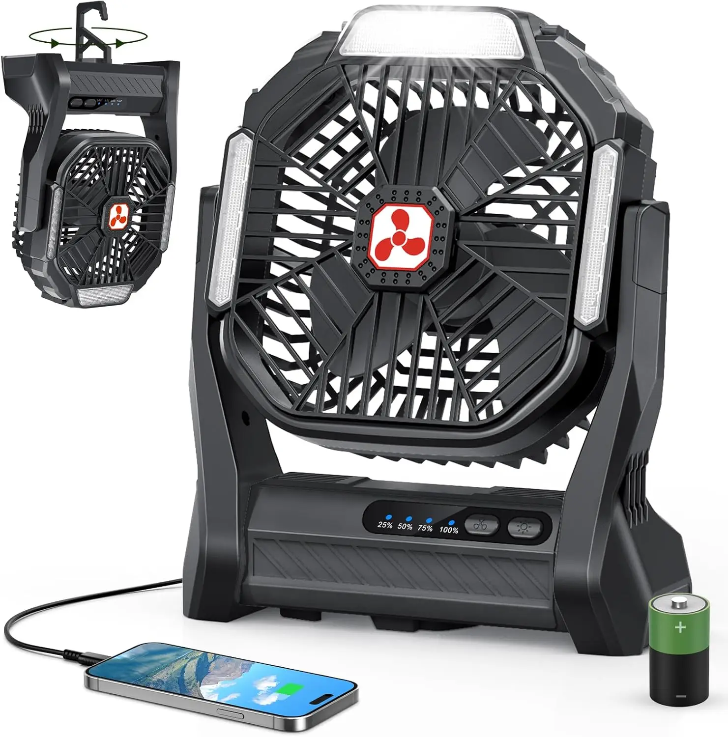 

Портативный перезаряжаемый вентилятор с аккумулятором 20000 мАч, светодиодным фонарем и USB-C для путешествий, кемпинга и активного отдыха на природе