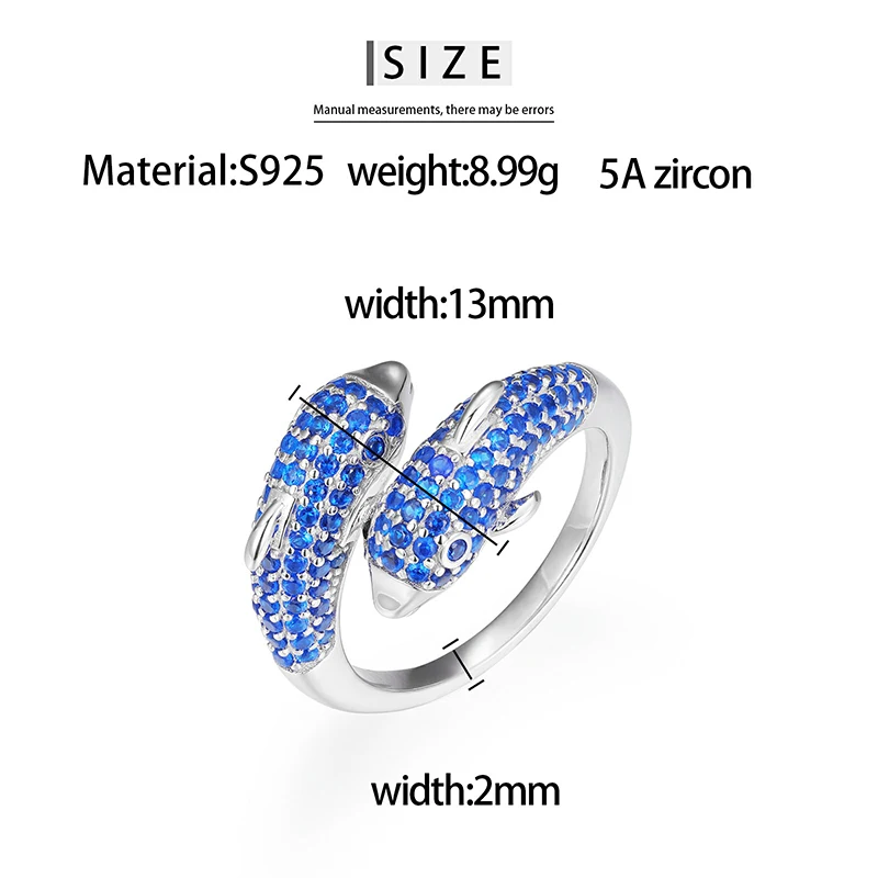 Fashion Animals Jewelry White Gold Plated 925 Sterling Silver Blue Zircon Diamond Dolphins Ring For Women Men