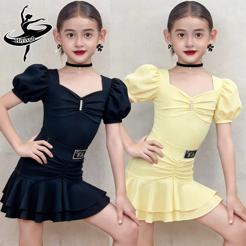 

Latin Dance Dress Set Training Costume for Girls Puff Long Sleeve Top Pleated Skirt Child Cha Cha Samba Stage Ballroom Dancewear