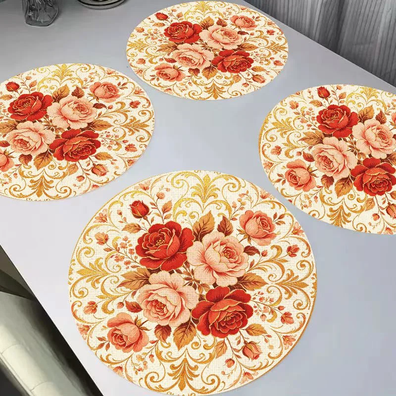 VIKAMA New Chinese Warm Orange Watercolor Peony Round Flax Meal Mat Thermal Insulation Wear resistant Table Mat Desktop Decor