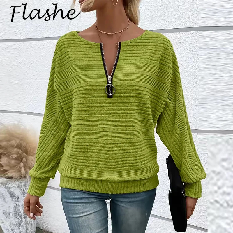 Fashion Solid Long Sleeve Zip Up T Shirts For Women Loose Tee Tops Casual Solid Color V Neck Women T-Shirts