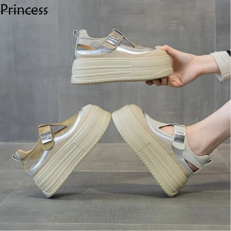 Summer New Pine Cake Thick Sole Sandals Women\'s Bag Head 2024 Hollow Breathable Matching Skirt Casual Tall Single Shoes