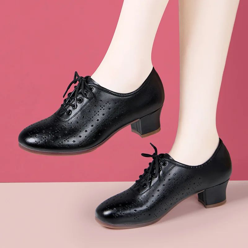 3.5cm 5.5cm Comfortable Med Block Heels Genuine Leather Shoes Spring 2025 Breathable Platform Shoes White for Mom Dance Work