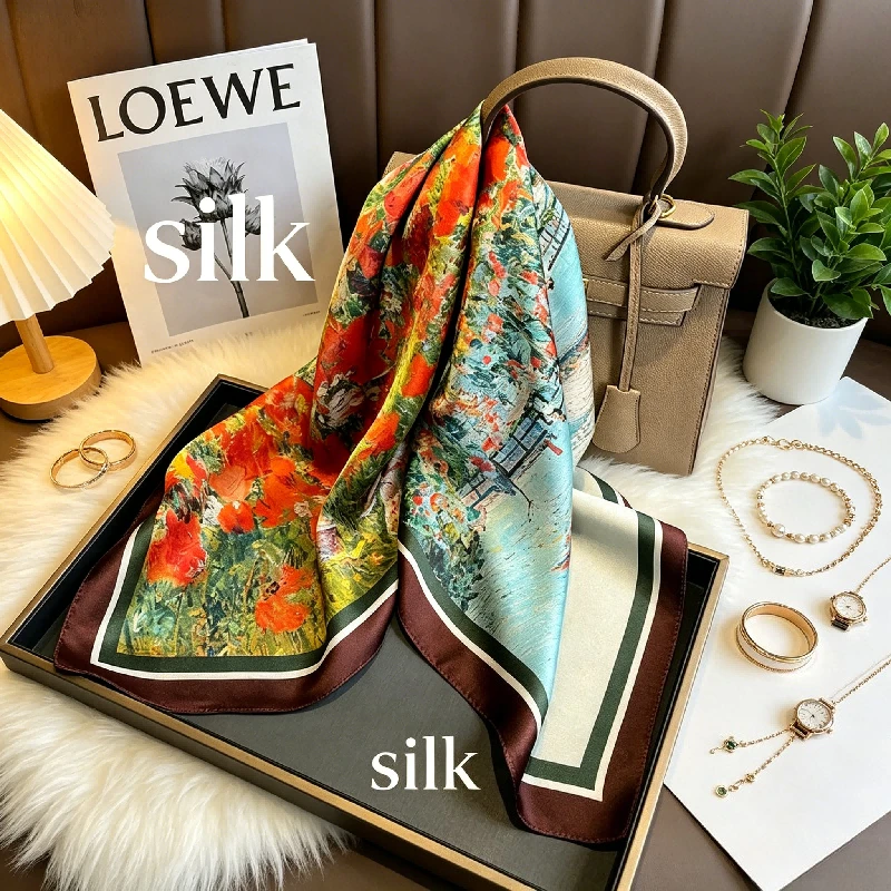 Mulberry Silk Silk Scarf, Red Garden Oil Painting Temperament, Thin 70 Square Scarves, Bags To Decorate Home Space