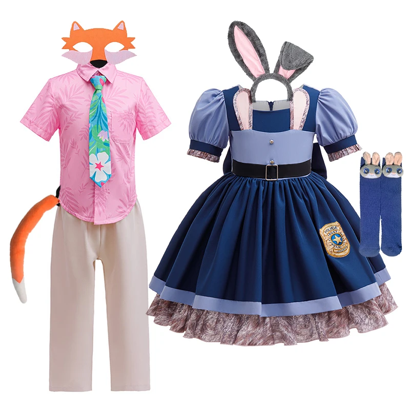 

Judy and Nick Cosplay Costume Kids Carnival Party Dress Headband +Socks Sets Girls Police Role Play Movie Uniform Birthday Gift