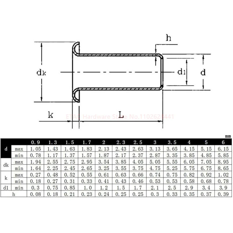 0.9 1.3 1.5 2 2.3 2.5 3 3.5 4 5 6mm Occhielli metallici in ottone Dado per rivetti cavi Occhielli per rivetti con foro passante in rame