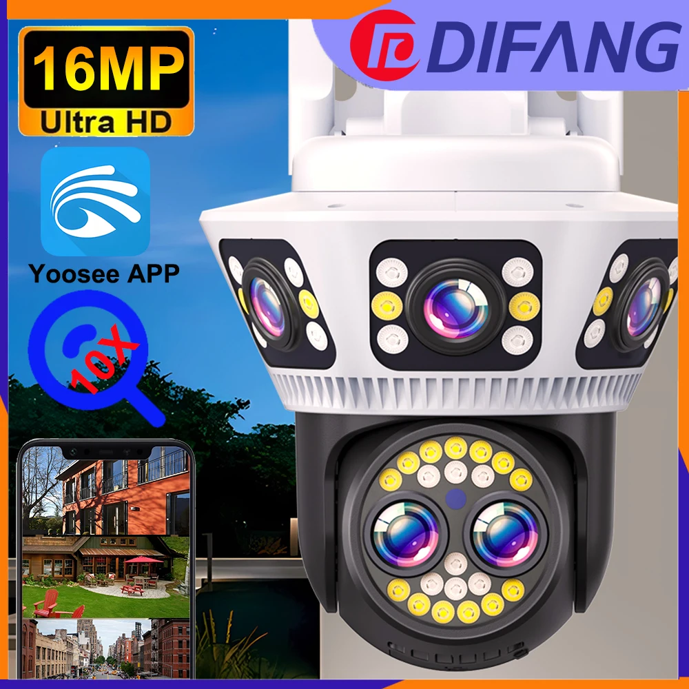 

DIFANG 4K WIFI Security Camera with 10X Optical Zoom Three Screens Motion Activated 24/7 Recording 2-Way Talk CCTV PTZ Camera